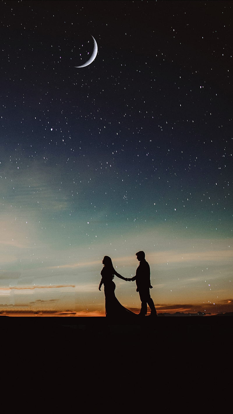 Lovers, couple, love, moon, night, people, silhouette, sky, stars, HD phone wallpaper