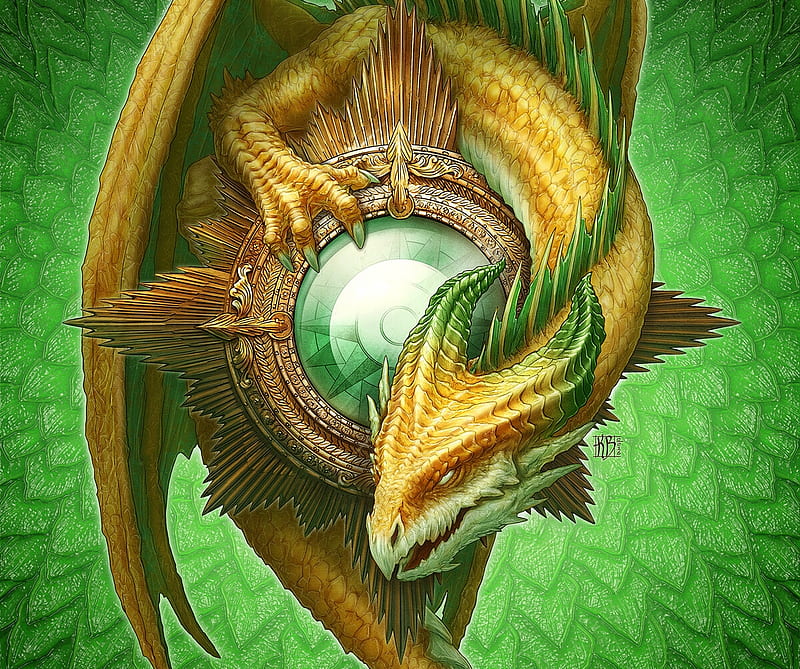 Dragon, kerem beyit, fantasy, luminos, green, golden, yellow, HD wallpaper