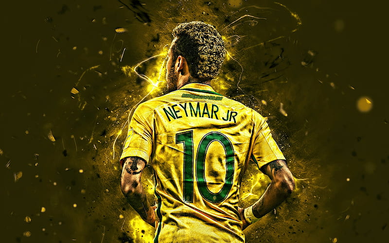 Neymar, yellow background, Brazil National Team, back view, Neymar JR, soccer, football stars, creative, neon lights, Brazilian football team, Neymar back view, HD wallpaper