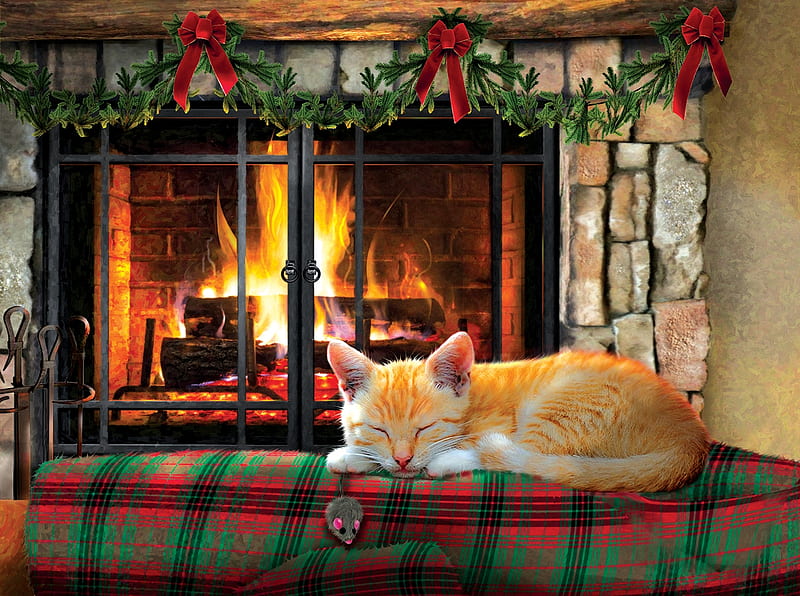 Fireside Snooze, flames, cat, chimney, fireplace, painting, artwork, HD wallpaper