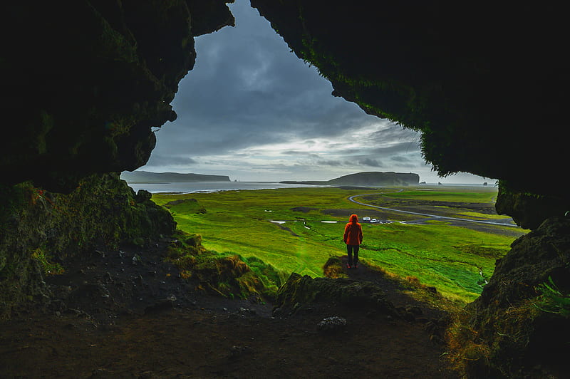 cave, man, landscape, coast, greenery, HD wallpaper