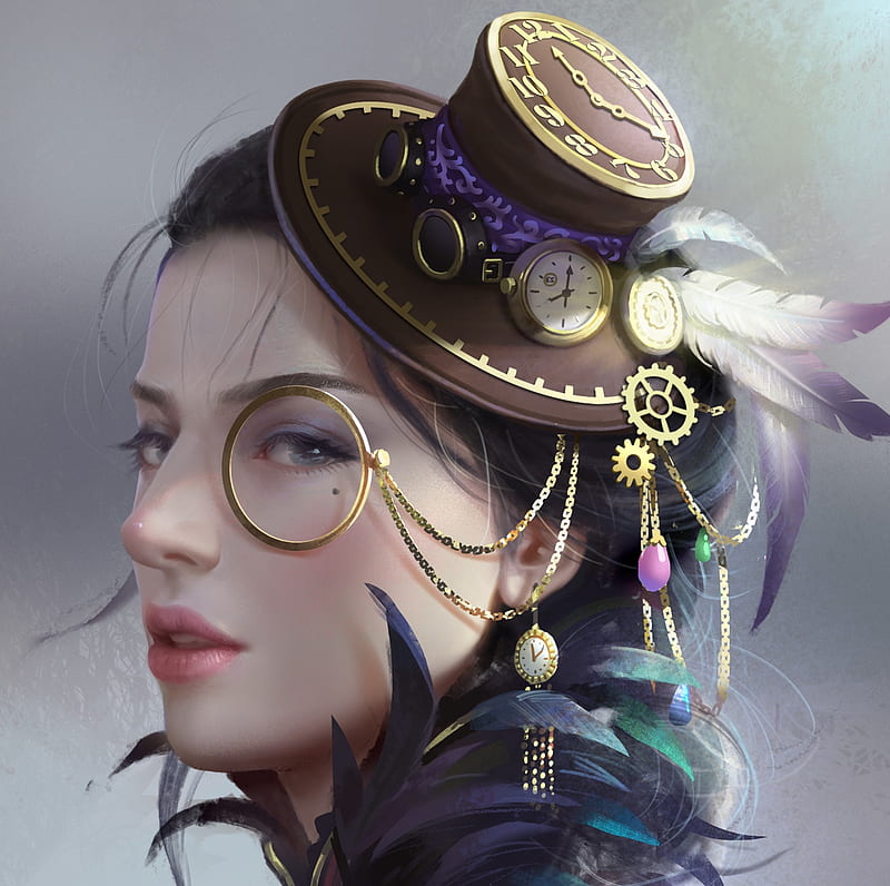 Steampunk girl, frumusete, luminos, steampunk, wang xiao, glasses, clock, hat, fantasy, girl, feather, face, pink, HD wallpaper