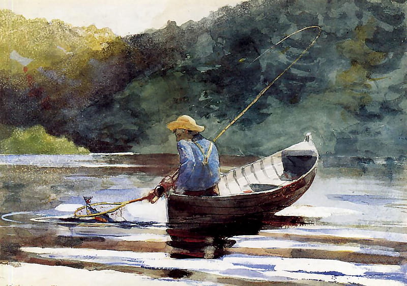 Boy Fishing, art, bonito, illustration, lake, artwork, Homer, boat, painting,  HD wallpaper