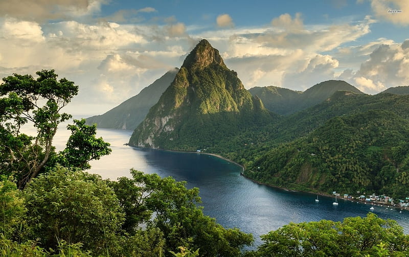 sunset light upon petite piton, mountain, tree, river, grass, HD wallpaper