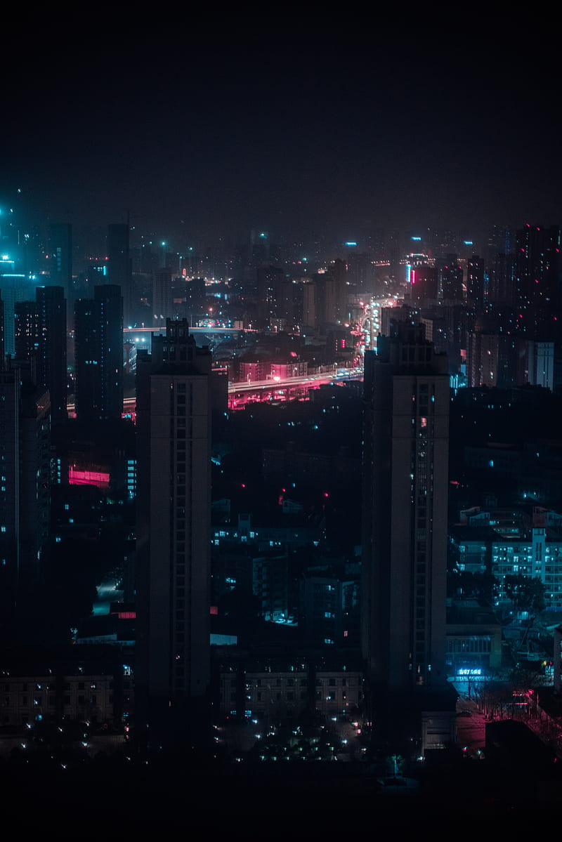 night city, aerial view, buildings, lights, cityscape, dark, HD phone wallpaper