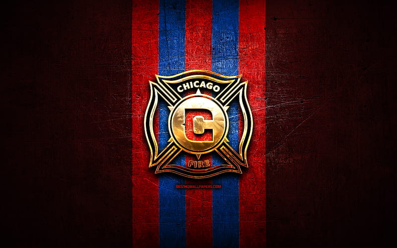 Chicago Fire FC, golden logo, MLS, red metal background, american soccer club, Chicago Fire, United Soccer League, Chicago Fire logo, soccer, USA, HD wallpaper