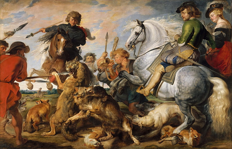 Hunting wolves and foxes, art, people, painting, man, pieter paul rubens, pictura, HD wallpaper