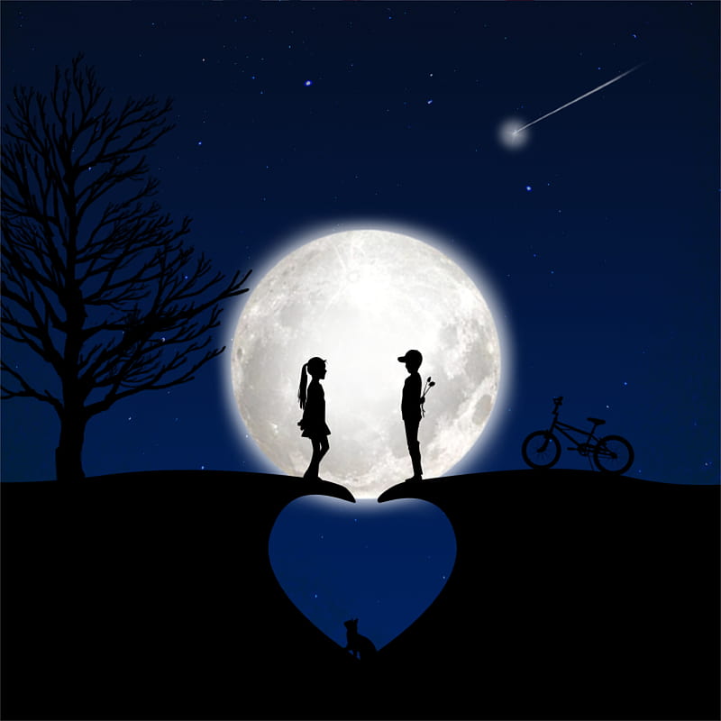 children, silhouettes, love, moon, romance, HD phone wallpaper