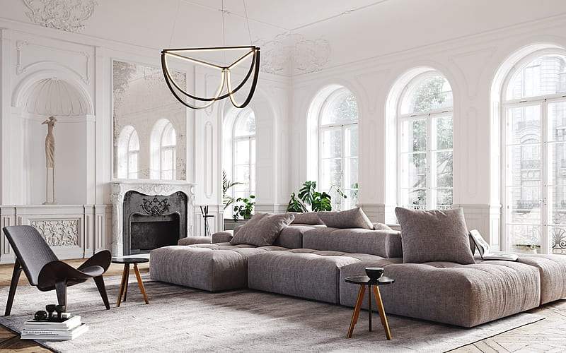 white living room, classic style, gray sofa, classic style fireplace, white columns in the living room, HD wallpaper
