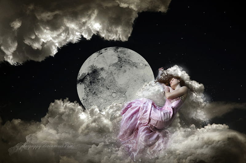 Sweet dreams, art, female, dress, black, sky, woman, clouds, fantasy, moon, girl, dreamer, white, light, HD wallpaper
