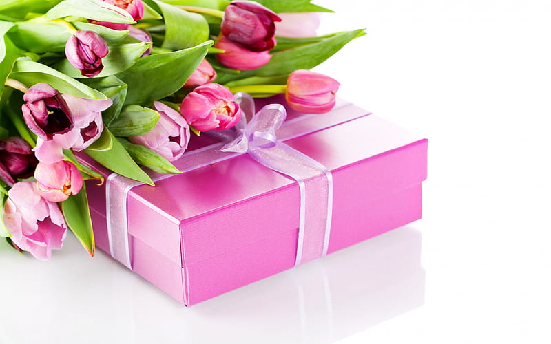 pink tulips, bouquet of tulips, pink gift box, pink silk bow, spring, tulips, HD wallpaper