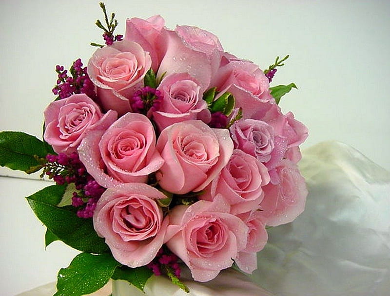 Roses for Lena, green, bouquet, flowers, roses, dew drops, pink, HD wallpaper