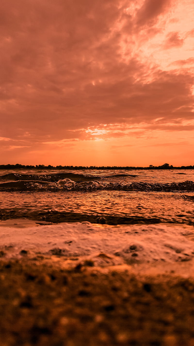 sea, waves, horizon, sunset, sky, HD phone wallpaper