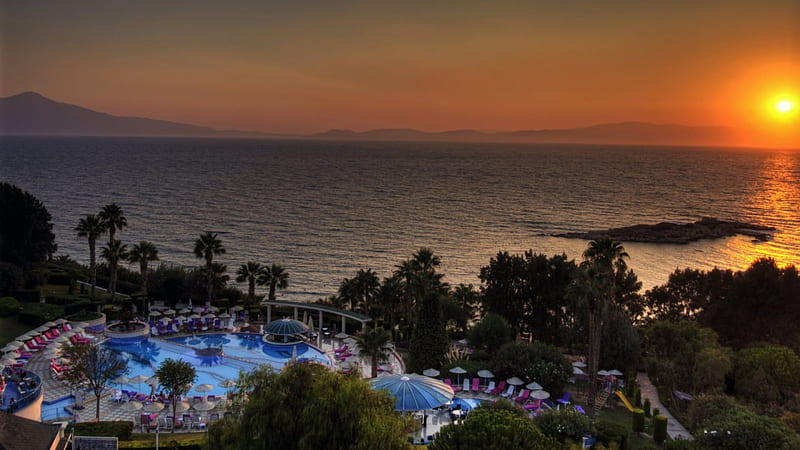kusadasi resort in turkey at sunset r, resort, r, sunset, pool, bay, HD wallpaper