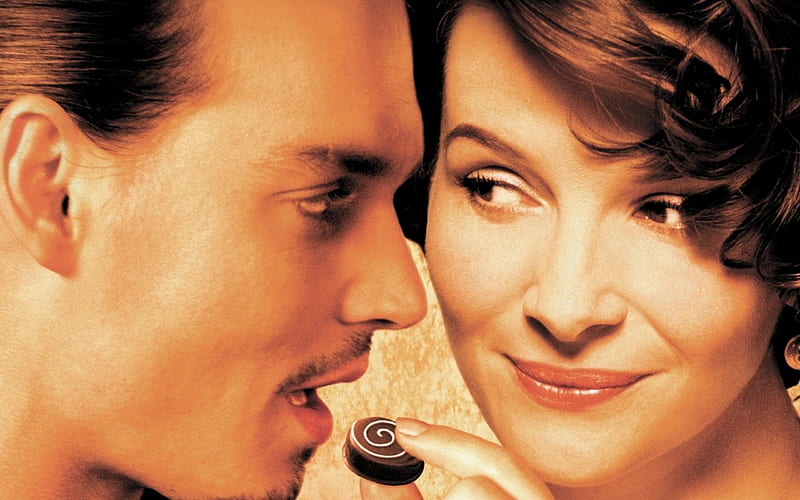 Chocolat (2000), chocolat, movie, man, woman, Juliette Binoche, sweet, actress, love, face, couple, actor, Johnny Depp, HD wallpaper