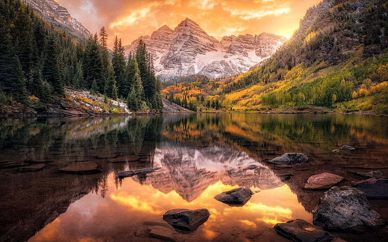mountain landscape, autumn, yellow trees, mountain lake, Canada, mountains, HD wallpaper