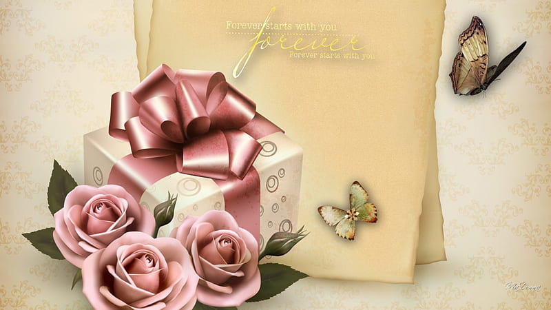 Forever Roses, romance, ribbon, butterflies, bow, roses, gift, mauve, Valentines Day, love, flowers, package, vintage, HD wallpaper