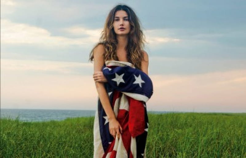 Lily Aldridge, red, model, grass, sky, woman, american, flag, girl, green, white, blue, HD wallpaper