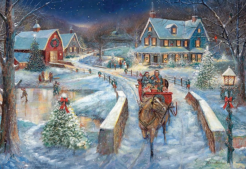 Evening Sleigh Bells, christmas, artwork, barn, horse, painting, bridge, cottage, HD wallpaper