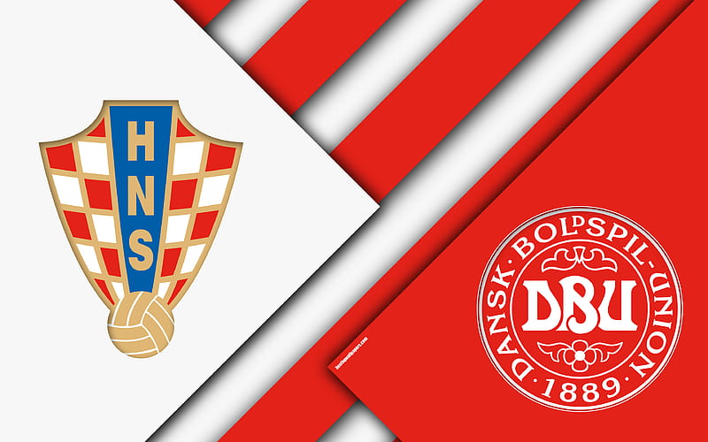 Croatia vs Denmark logo, promo, material design, 2018 FIFA World Cup, Russia 2018, football match, Round 16, 1 July 2018, Nizhny Novgorod Stadium, HD wallpaper