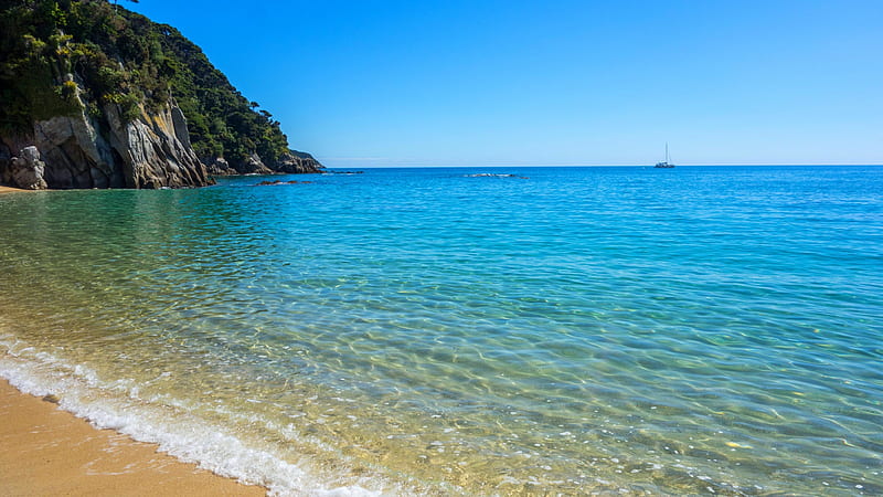 Anatakapau Bay, New Zealand, hills, rocks, ocean, bonito, beach, boat ...