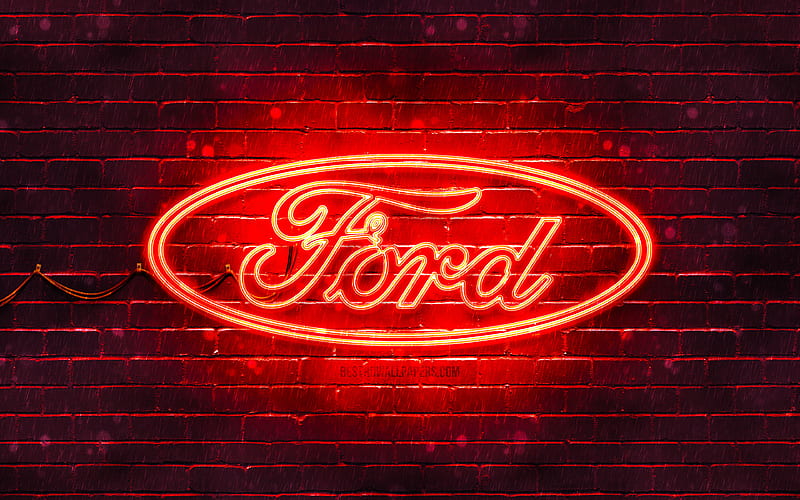 Ford red logo red brickwall, Ford logo, cars brands, Ford neon logo, Ford, HD wallpaper