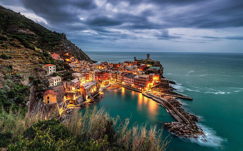 Vernazza, Cinque Terre, evening, sunset, Mediterranean Sea, coast, seascape, La Spezia, Liguria, Italy, HD wallpaper