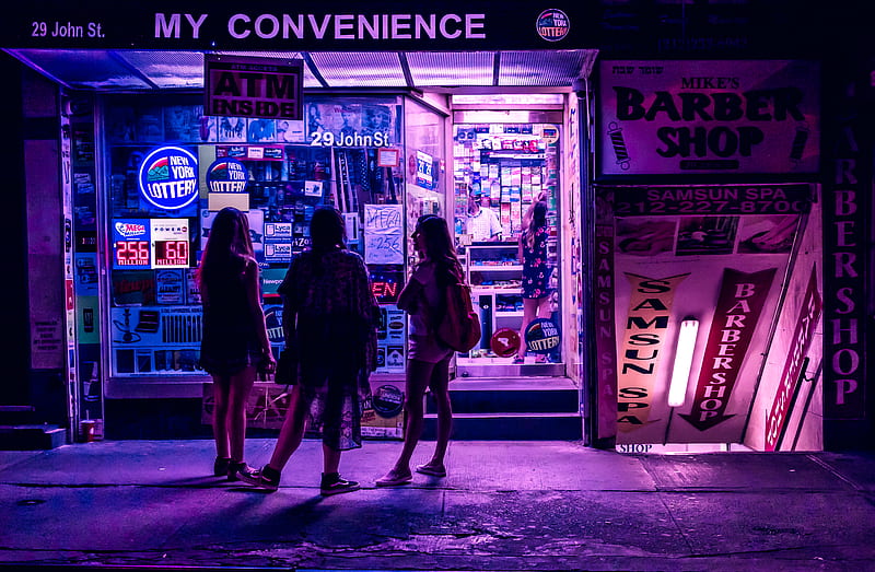 three woman standing in convenience storefront, HD wallpaper