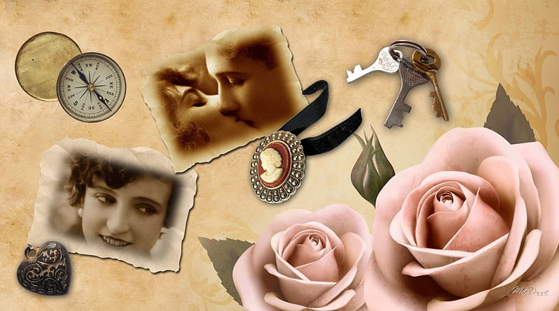 Fading Love, rose, pendant collage, roses, old fashion, compass, key, heart, flowers, brooch, vintage, HD wallpaper