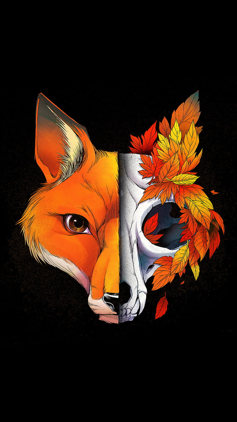 Autumn Fox, Animals, Fall, Nature, Seasons, Skeleton, Skull, Trees, foxes, HD phone wallpaper