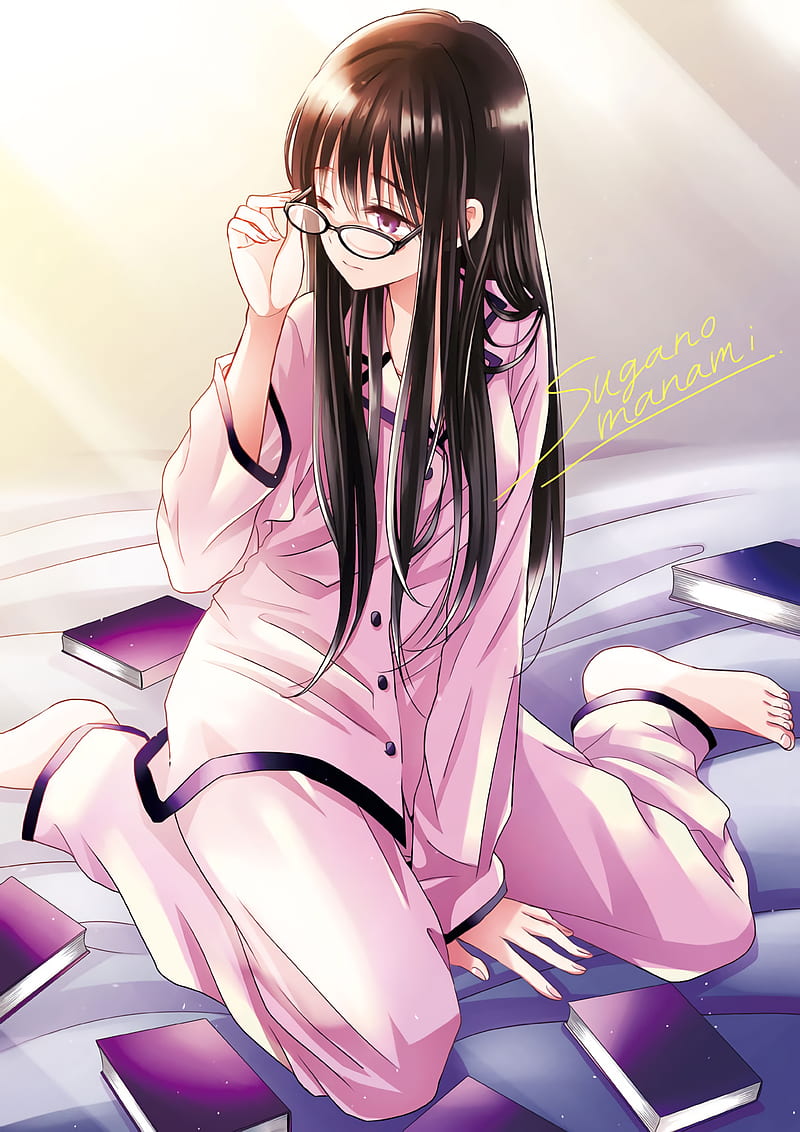 anime, anime girls, pink pajamas, long hair, brunette, purple eyes, glasses, books, HD phone wallpaper