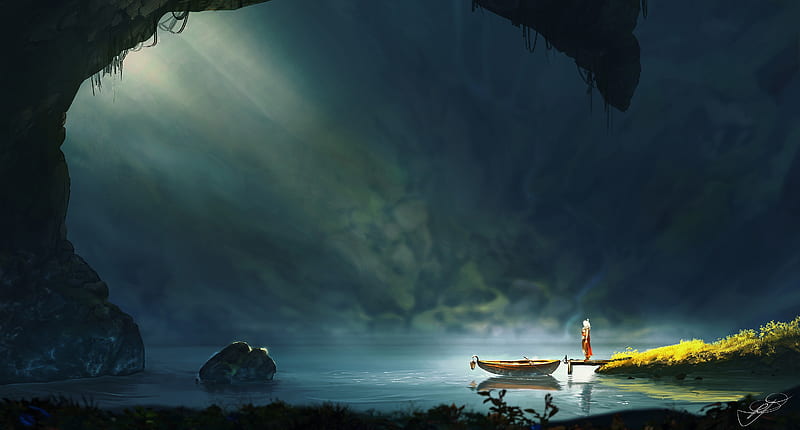 fantasy landscape, lake, woman, knight, boat, sunlight, Fantasy, HD wallpaper