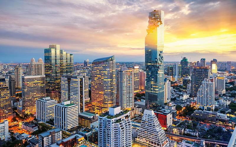 MahaNakhon, Bangkok, Thailand, skyscraper, sunset, the capital of Thailand, cityscape, evening, HD wallpaper