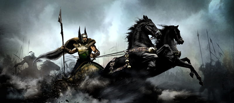 Warlord, chariot, cg, abstract, horses, warriors, fantasy, warrior, battle, HD wallpaper