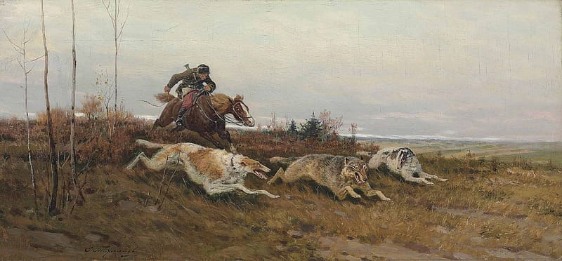 Wolf hunting with Borzois by Evgenii Tikhmenev, wolf, lup, borzoi, caine, dog, horse, running, art, hunter, man, cal, painting, pictura, HD wallpaper