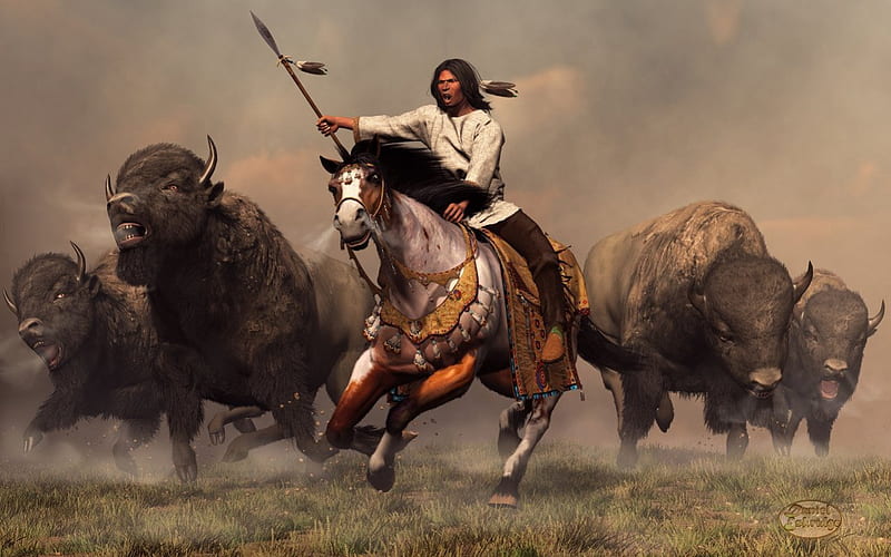running with buffalo, art, native american art, with buffalo, running, HD wallpaper