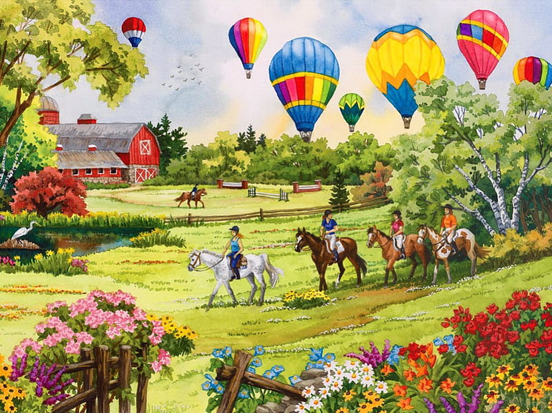 Balloons over the meadow, pretty, colorful, grass, bonito, fun, spring, joy, freshness, farm, balloons, rosers, flowers, meadow, HD wallpaper