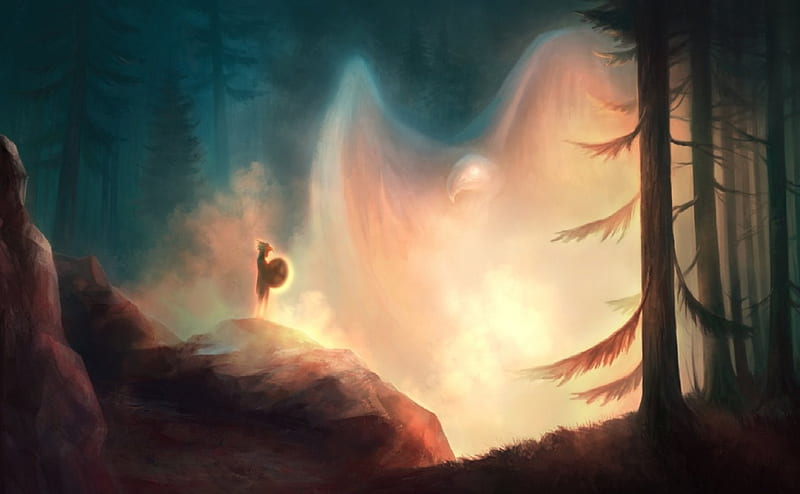The Great Spirit, shaman, fantasy, bird spirit, woods, HD wallpaper