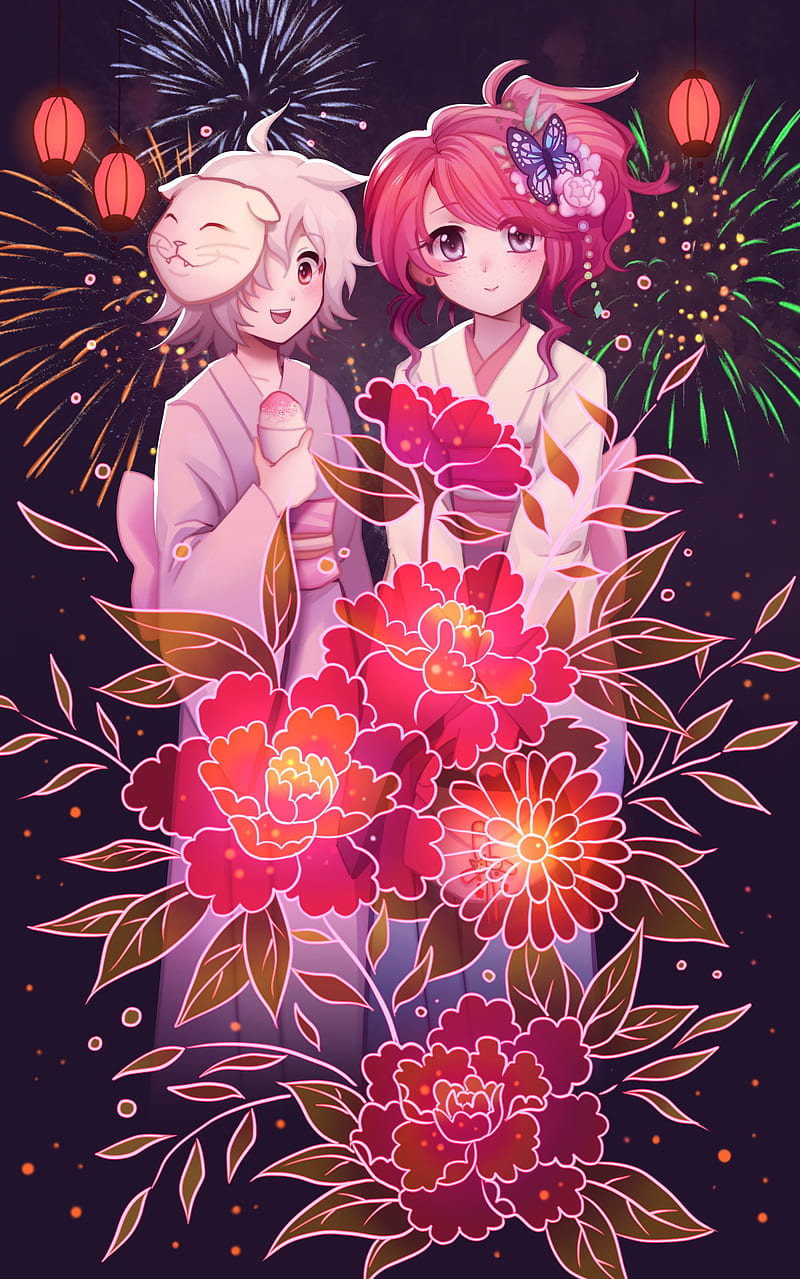 girls, flowers, fireworks, anime, art, HD phone wallpaper