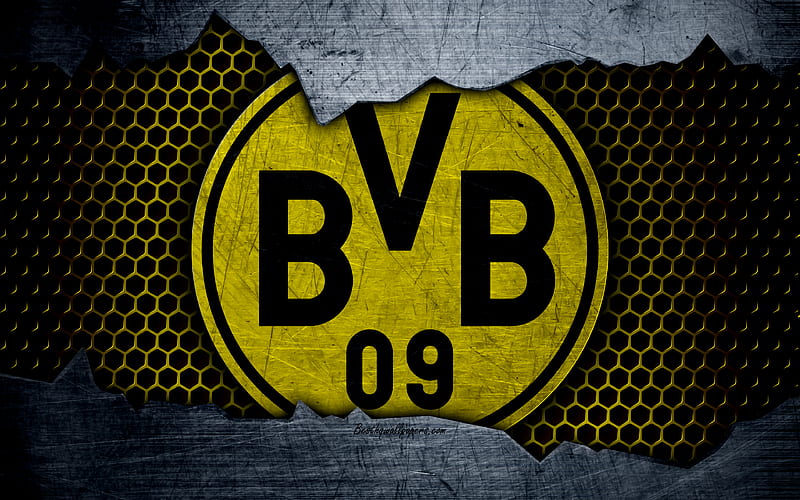 Borussia Dortmund logo, metal background, soccer, Bundesliga, BVB, Borussia, football, HD wallpaper