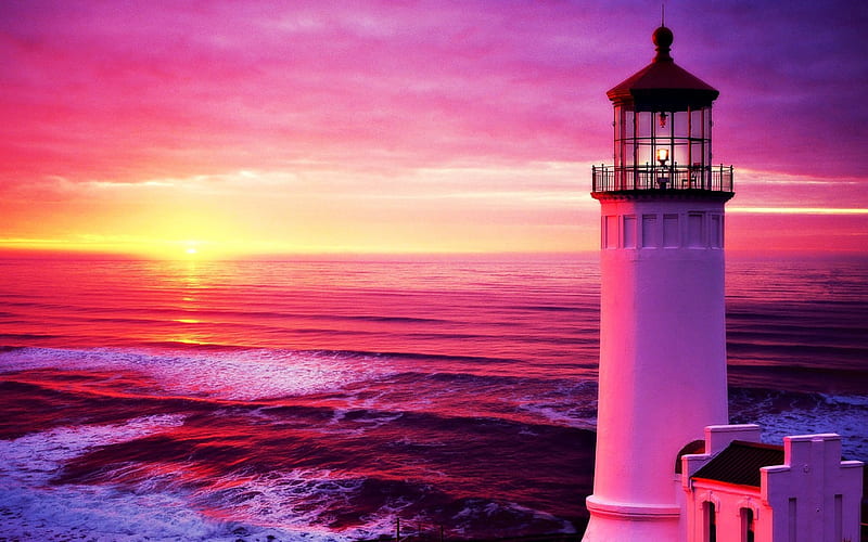 Splendor lighthouse in sunset, colorful, sun, ocean, colors, sunset, sky, clouds, sea, top view, nature, sunrise, evening, HD wallpaper