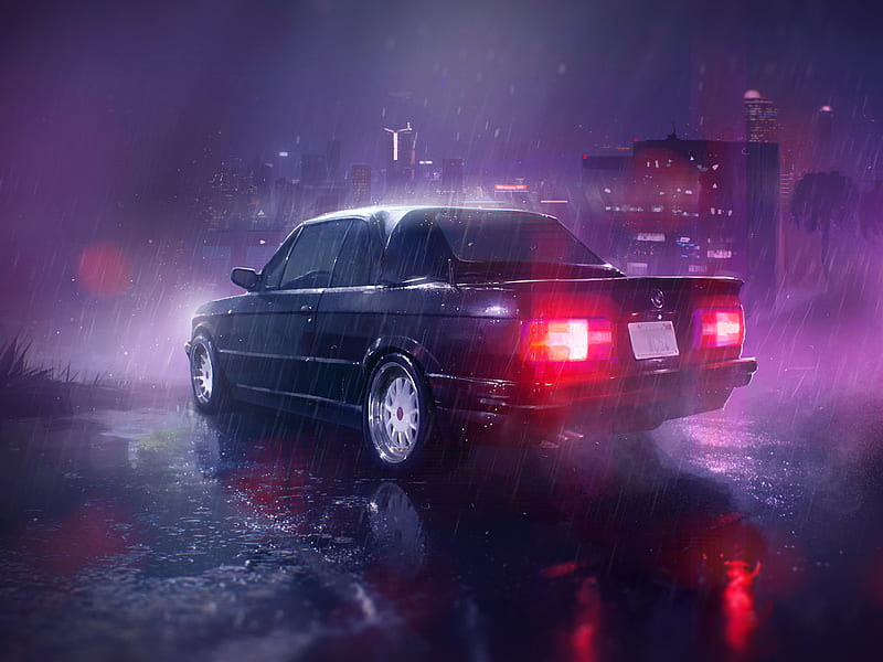Car Raining Night, carros, neon, artist, artwork, digital-art, HD wallpaper