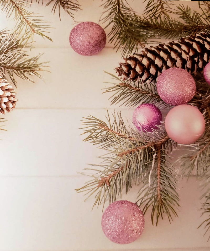 christmas pine cone, bulbs, christmas, christmas bulbs, christmas tree, holiday season, pine cones, pine tree, pink, winter, HD phone wallpaper