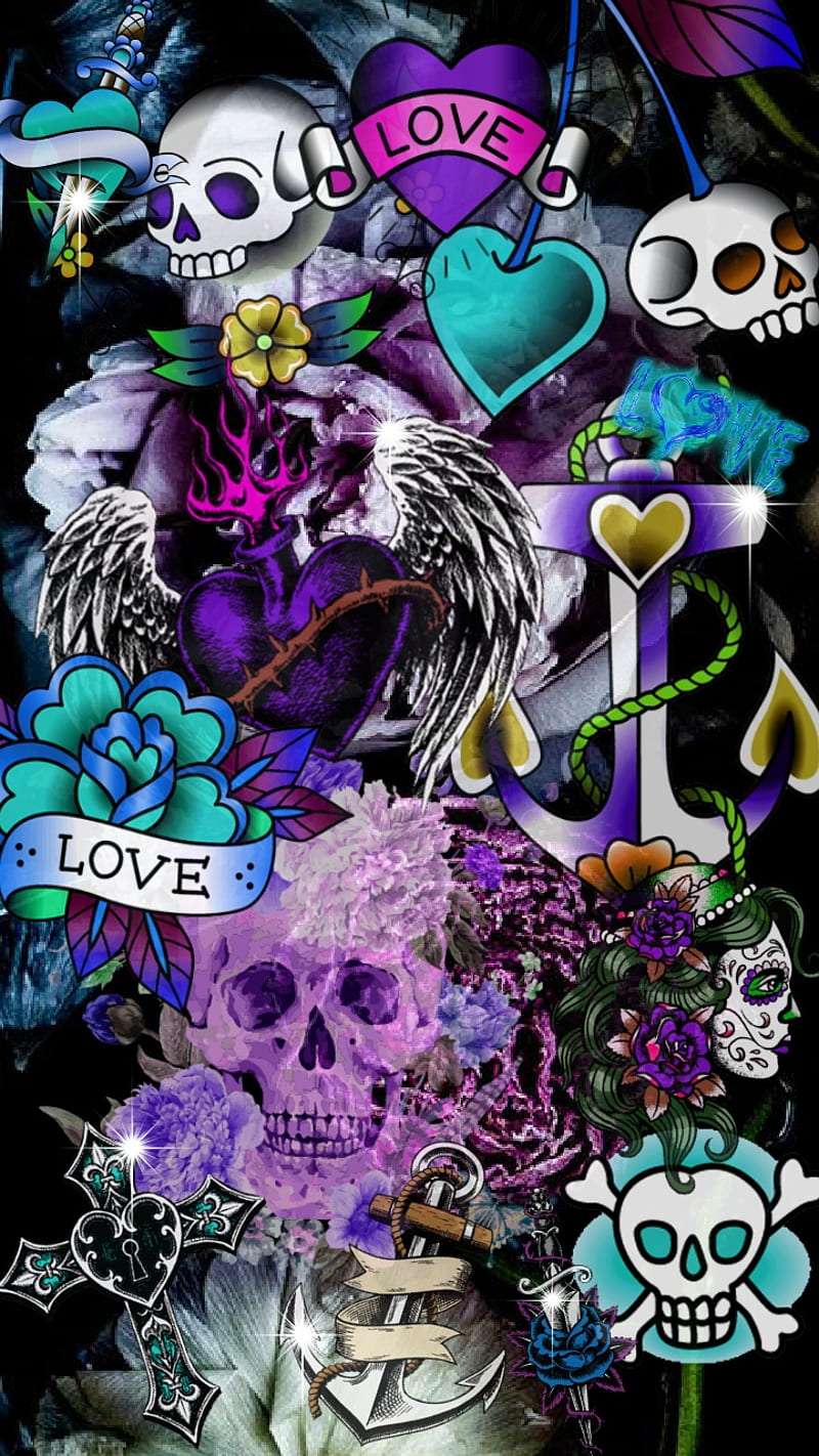 Captain, anchor, day, dead, flowers, corazones, love, purple, skull, sugar, turquoise, HD phone wallpaper
