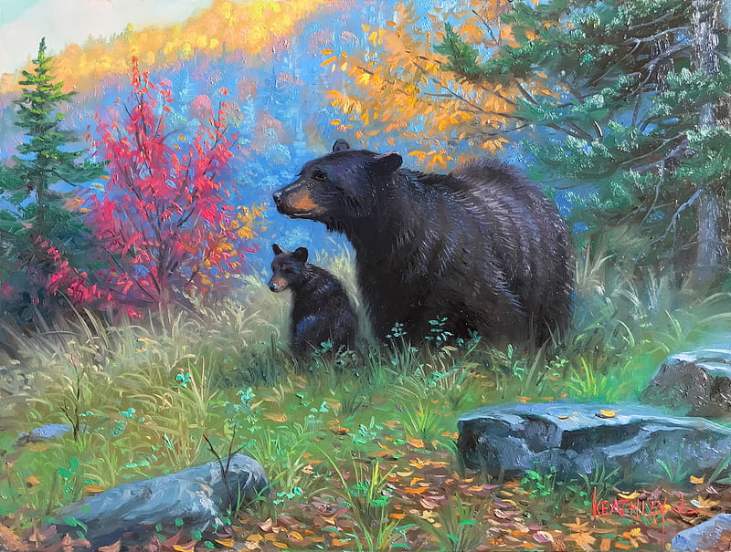 Momma's Boy, autumn, mountains, painting, bears, pup, nature, trees, HD wallpaper