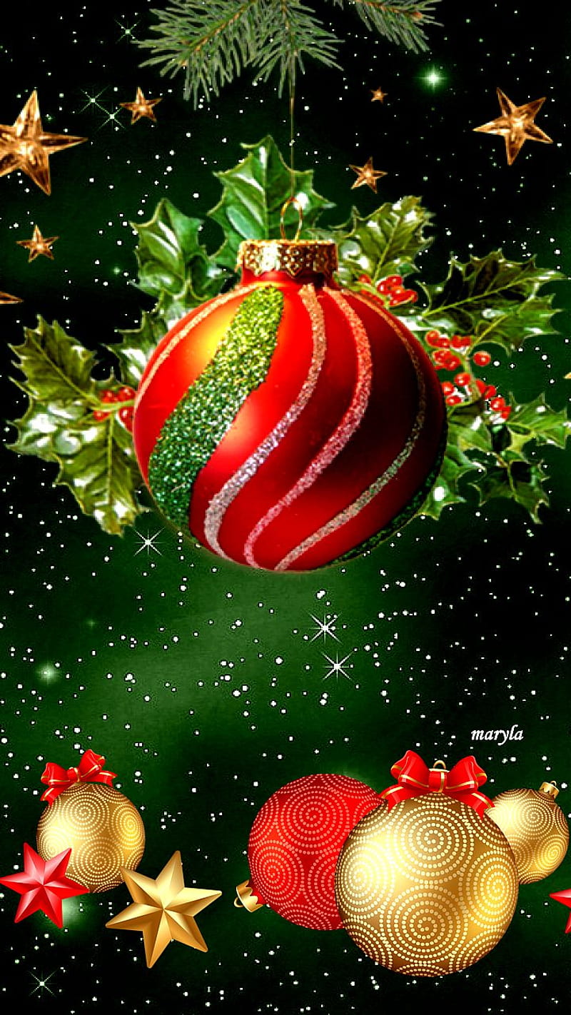 christmas, baubles, gold, green, red, HD phone wallpaper