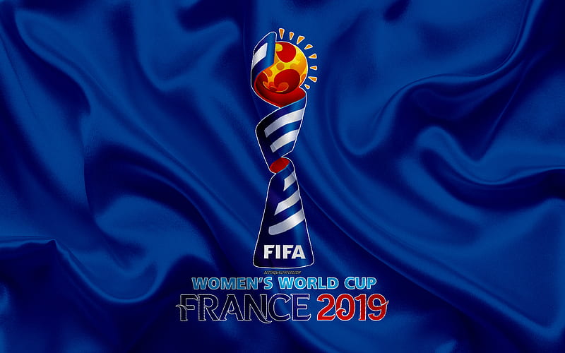 2019 FIFA Womens World Cup, logo blue silk texture, France 2019, silk flag, womens football, emblem, Parc Olympique Lyonnais, football, HD wallpaper