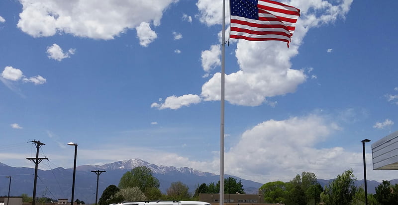 Colorado Mountains, american, colorado springs, flag, pikes peak, HD