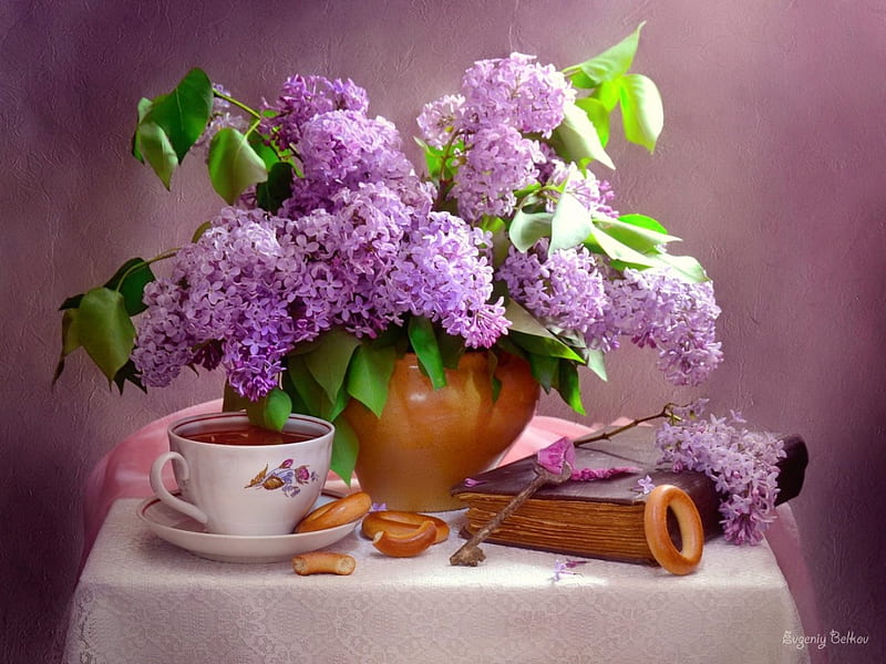 Still life, lilac, pretty, book, vase, bonito, fragrance, tea, flowers, table, lovely, scent, spring, freshness, cookies, bouquet, coffee, HD wallpaper
