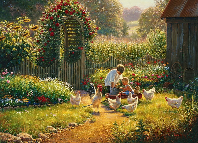 Feeding Time, rooster, hens, painting, children, poultry, flowers, garden, artwork, HD wallpaper